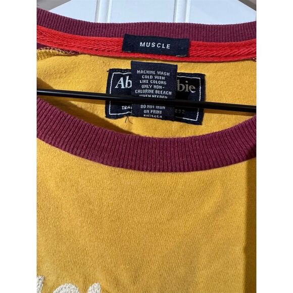 VTG Y2K Abercrombie Fitch Muscle Fit Raglan Long Sleeve Shirt XXL Gold Burgundy - Picture 11 of 11